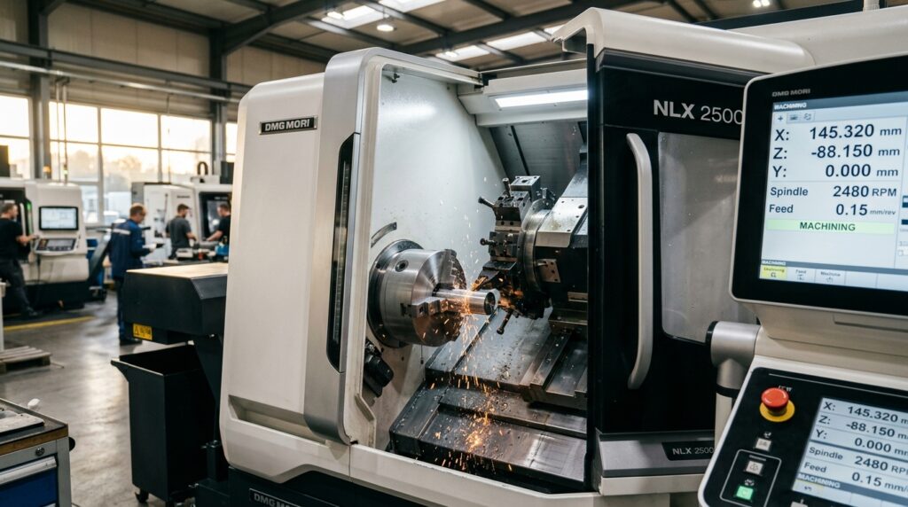 Токарный станок с ЧПУ в серийном производстве, демонстрация точного позиционирования резца