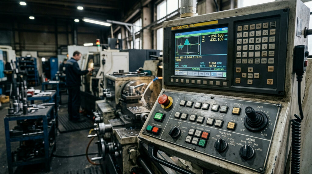 Панель управления ЧПУ на токарном станке с интерфейсом для серийной обработки деталей в цехе