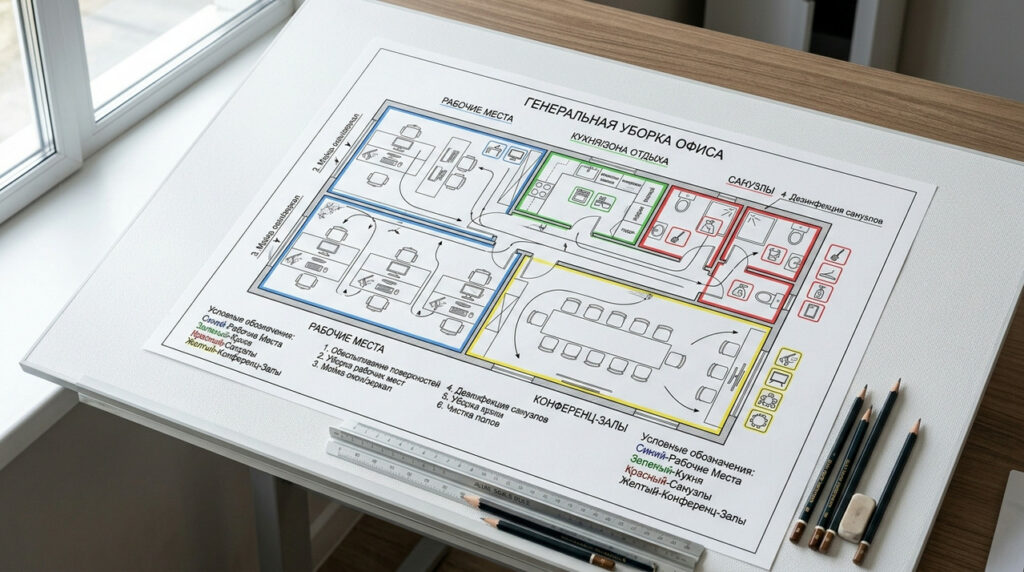 Схематичный план генеральной уборки офиса с зонами: рабочие места, кухня, санузлы и конференц-залы