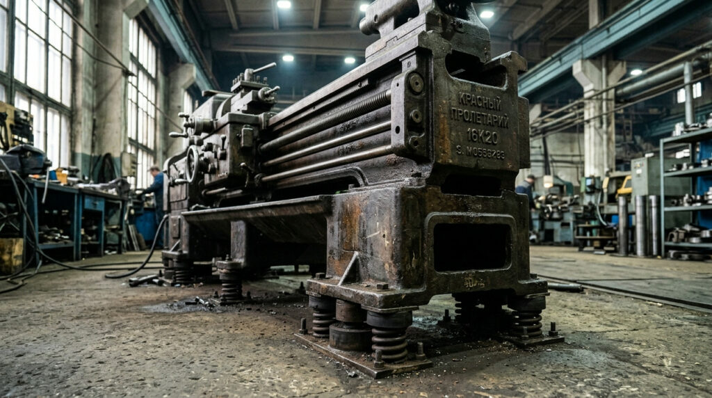 Литая чугунная станина токарного станка с элементами виброизоляции в производственном цеху