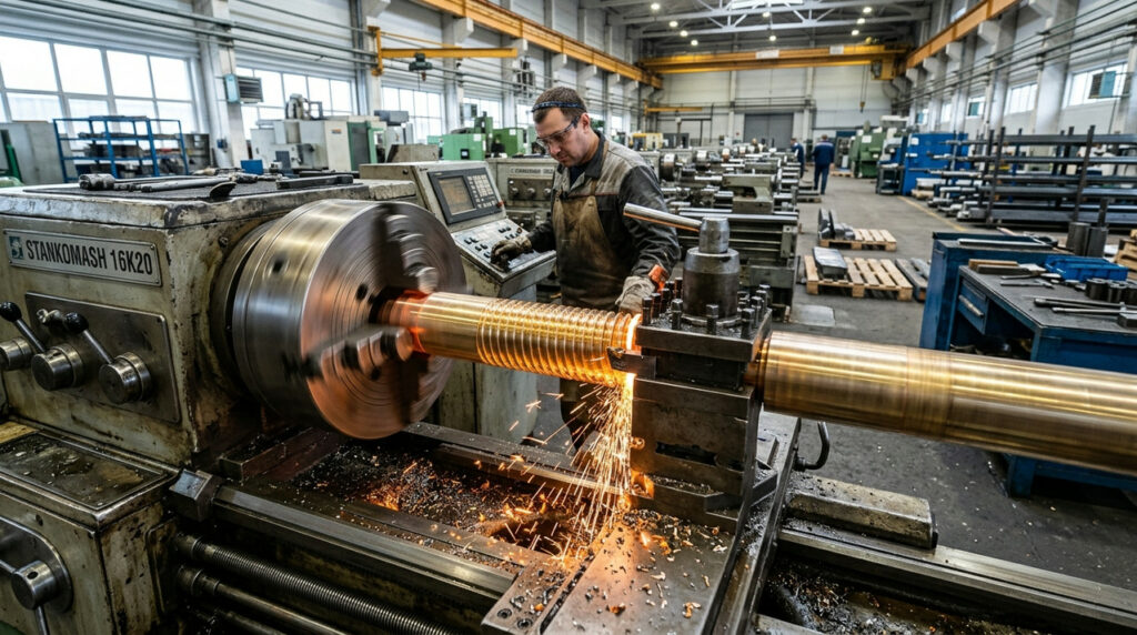 Токарный станок по металлу в работе на серийном производстве с заготовками в патроне