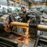 Токарный станок по металлу в работе на серийном производстве с заготовками в патроне